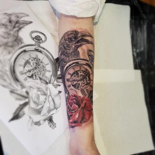 Raven, pocket watch and roses - Rose Tattoo - Black Hat Tattoo Dublin - The Black Hat Tattoo