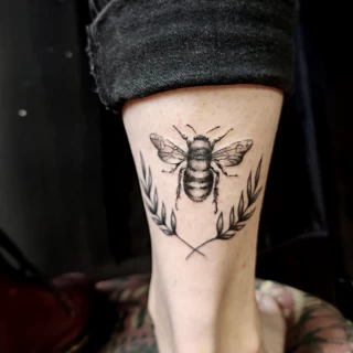 Bee Insect Tattoo - Blackwork on calf man - Dublin - The Black Hat Tattoo