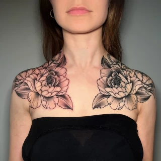 Peony Flower on shoulders -  - Flower Tattoo - Black Hat Tattoo Dublin - The Black Hat Tattoo