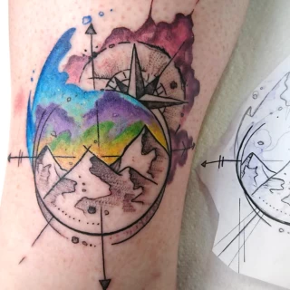 Compass and landscape Tattoo - Botanical & Nature - Black Hat Tattoo Dublin - The Black Hat Tattoo