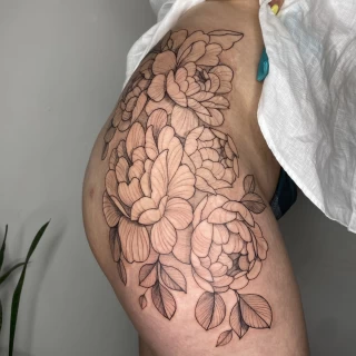 Large peony on leg -  - Flower Tattoo - Black Hat Tattoo Dublin - The Black Hat Tattoo