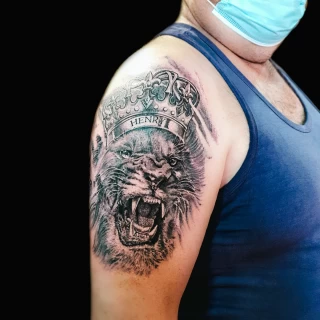 Lion on shoulder - Lion Tattoo - Black Hat Tattoo Dublin - The Black Hat Tattoo