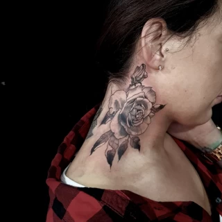 Rose tattoo on neck for woman - Rose Tattoo - Black Hat Tattoo Dublin - The Black Hat Tattoo