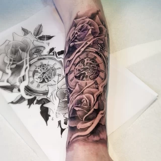 Pocket watch and roses - Rose Tattoo - Black Hat Tattoo Dublin - The Black Hat Tattoo